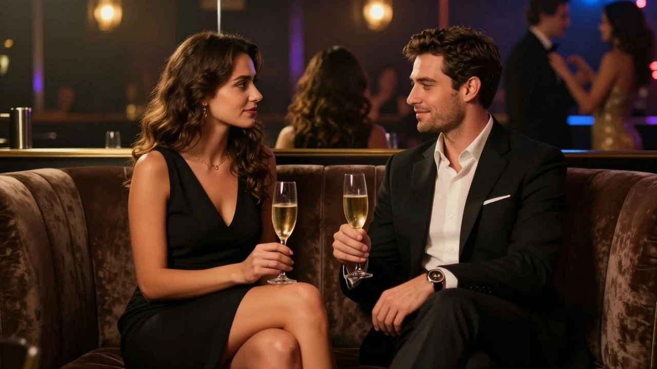 A man and woman sharing a quiet moment with champagne in a luxurious lounge beside Razzmatazz, exuding calm sophistication and discreet companionship.