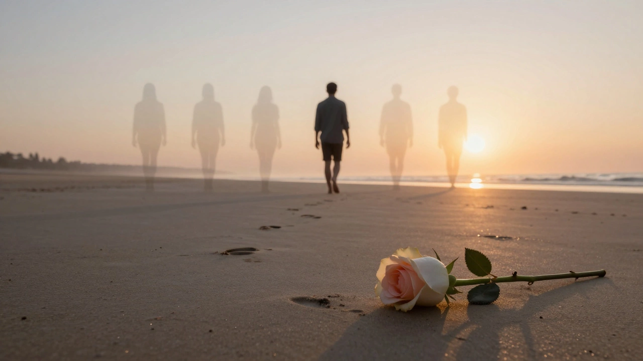 A solitary figure walks on a beach at dawn, with fading translucent figures behind them, symbolizing fleeting but meaningful connections.