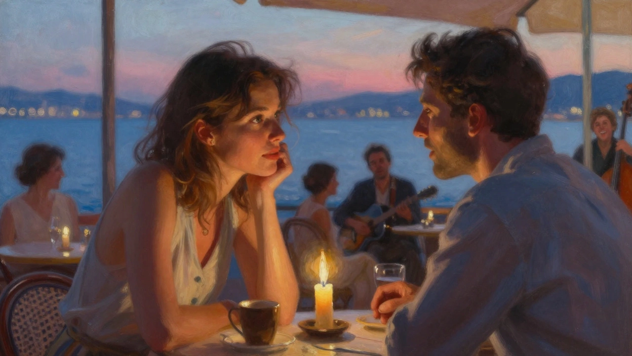 An intimate evening at a cozy seaside café, two people engaged in thoughtful conversation under candlelight.