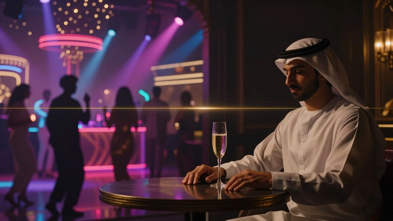 Contrasting scenes of vibrant nightclub energy and serene companionship, symbolizing Dubai&#039;s luxury nightlife through light, shadow, and quiet connection.